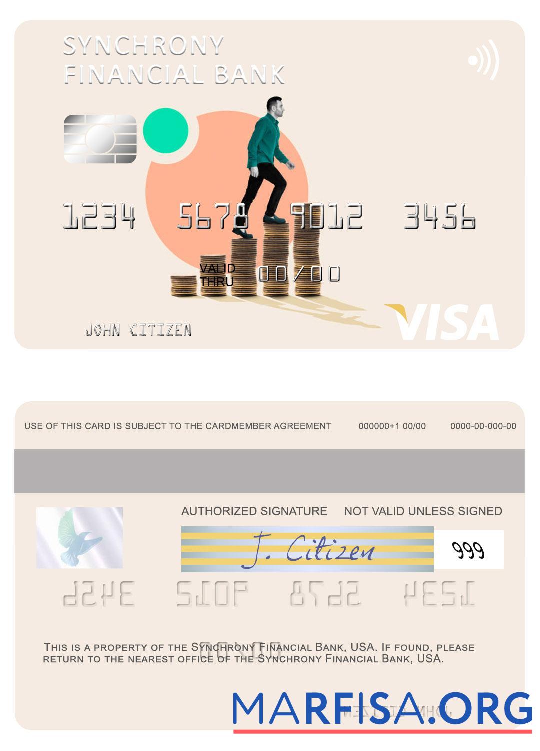 Realistic USA Synchrony Financial Bank visa card template